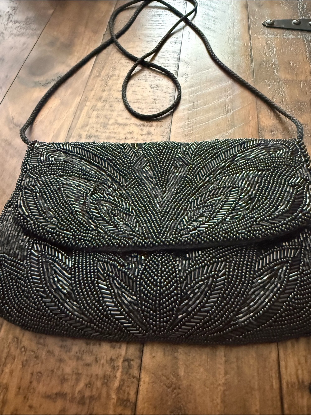 Bechamel Beaded Leaf Design Black Evening Crossbody Bag Clutch